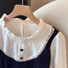 Women's 2025 Autumn Color Block Patchwork Faux Two-Piece Long-Sleeve Loose Petite Top