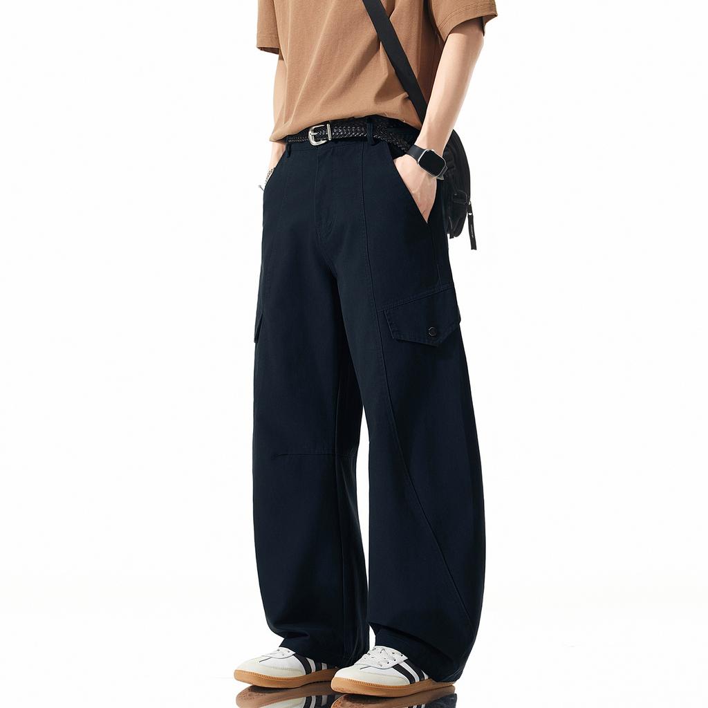 Solid color simple trendy brand semi-elastic tooling casual pants men's American loose drape wide-leg pure cotton small scimitar pants