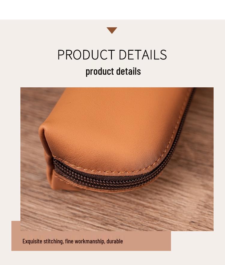 Genuine Leather Multifunctional Pencil Case Stationery Box with Zipper—Portable for Students, Holds 2B Pencils & Glasses