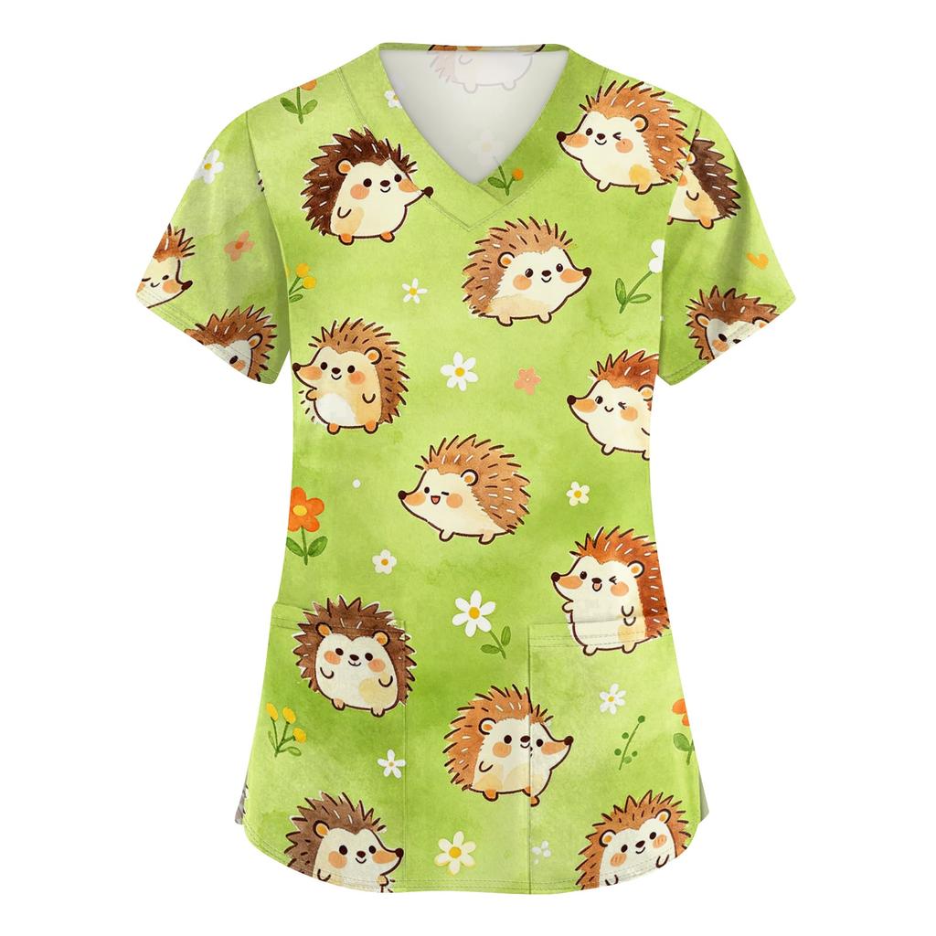 Women's V Neck Short Sleeve Work Shirt with Pockets Animal Print Top Medical Uniform Scrub Tee for Healthcare Professionals