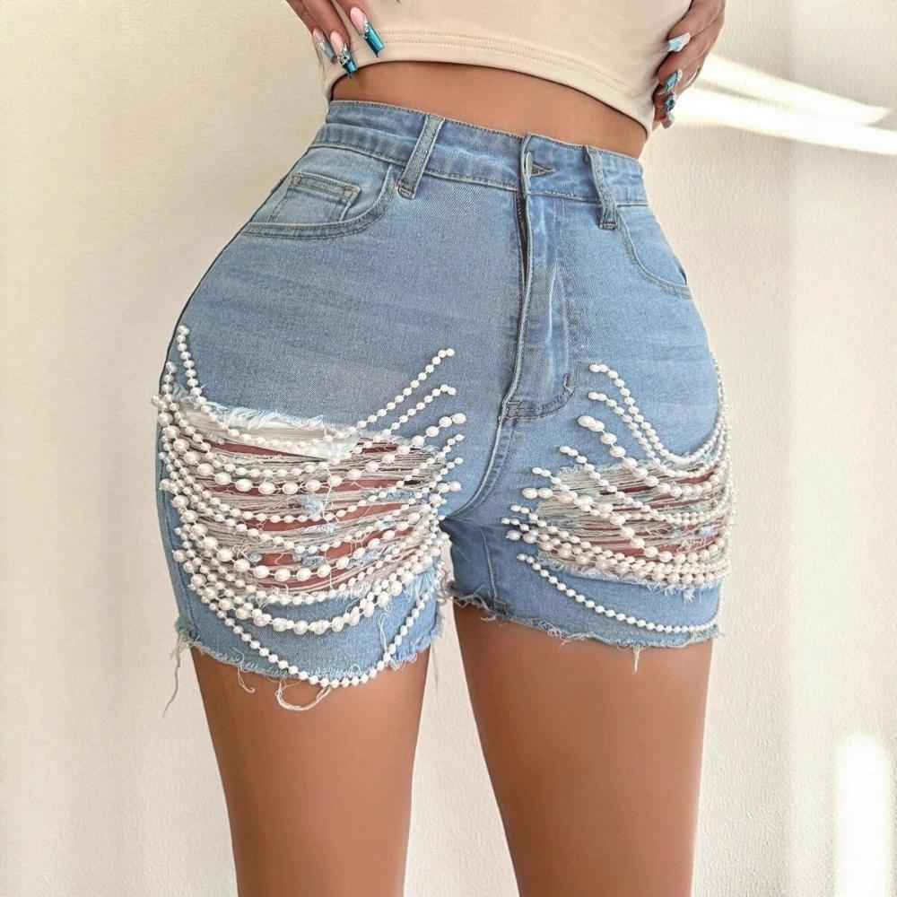 Women's High Rise Distressed Denim Shorts Straight Leg Pearl Beaded Hot Pants Streetwear Summer Casual Jean Shorts For Club Party Daily Wear
