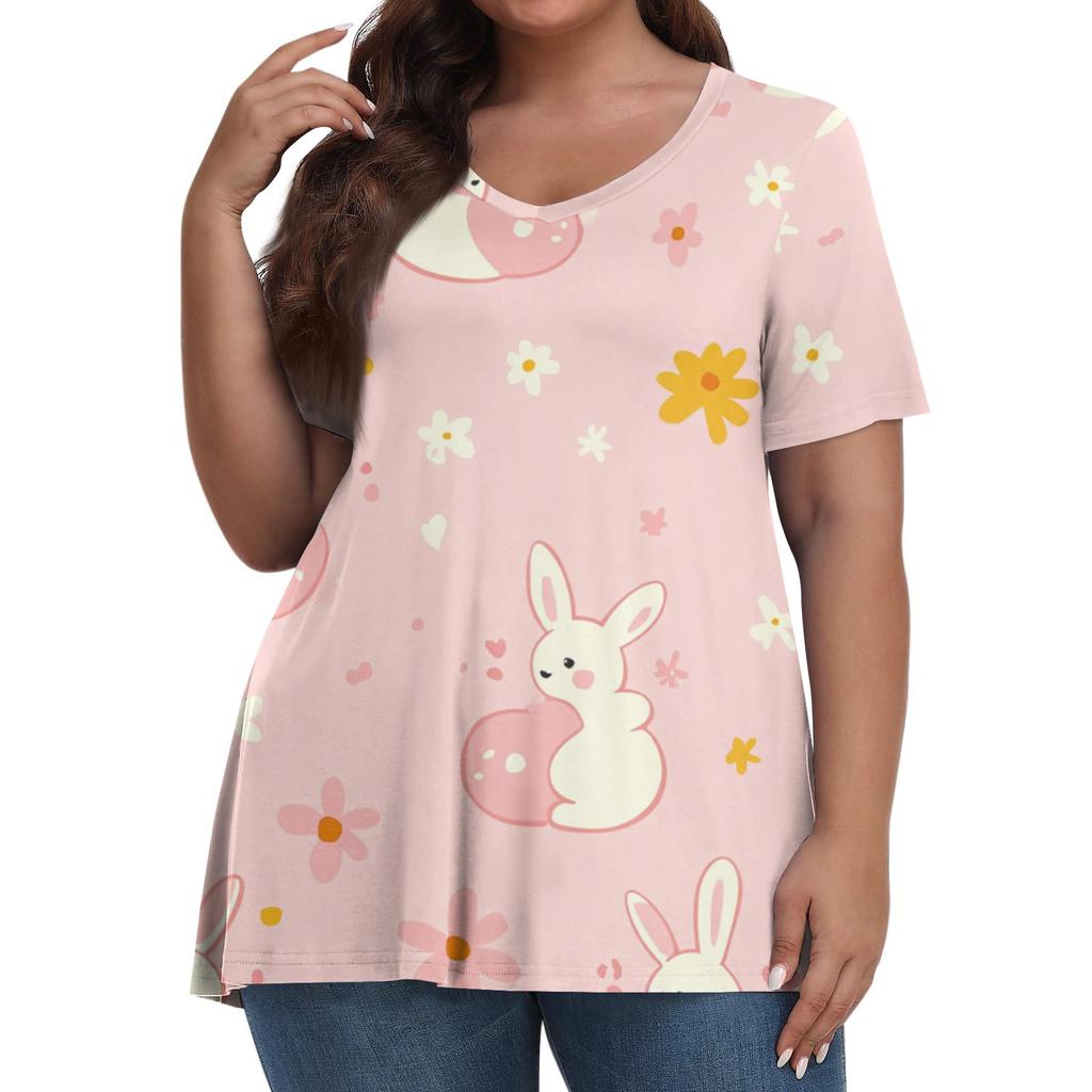 Women's Fashion Casual V-Neck Pullover Short Sleeve Large Size Easter Printed Top