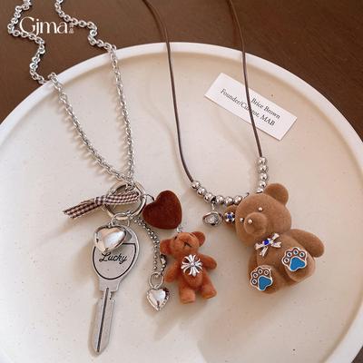Korean Ins Style Cartoon Flocked Bear Key Pendant Necklace Women's Sweater Chain Light Luxury Item