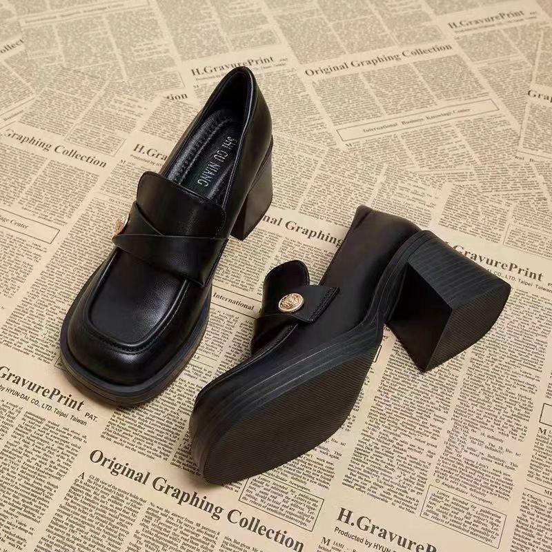 Women'S Fashion Thick Heel Single Boots Fall New Square Head Deep Mouth Metal Buckle Anti-Slip Wear-Resistant Low-Top Shoes