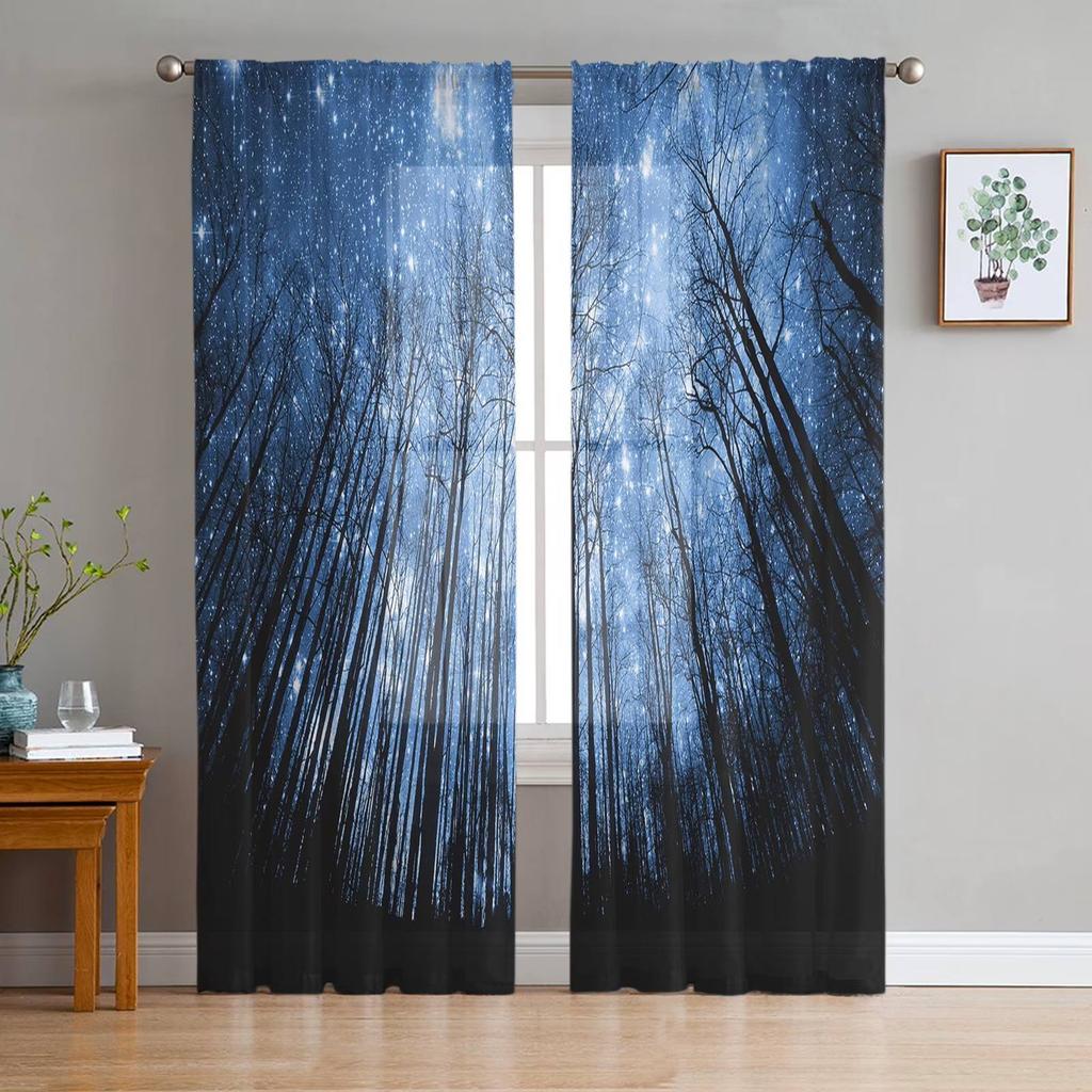 Winter Forest Tree Snowflake Semi Curtains Living Room Snowy Landscape Print Tulle Curtain Drapes Window Treatments Sheer Polyester Great Treatment