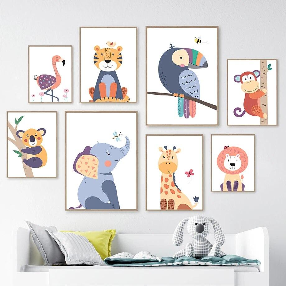 

Мультфильм попугай Лев обезьяна жираф настенная живопись плакаты на скандинавскую тему и принты настенная картина детская комната