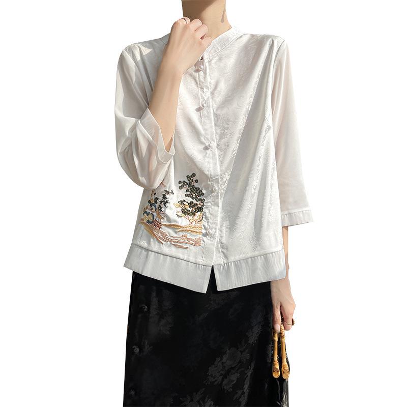 New Chinese Style Seven-Sleeve Xiangyun Yarn Jacket with Embroidered Stand Collar Faux Silk Shirt 