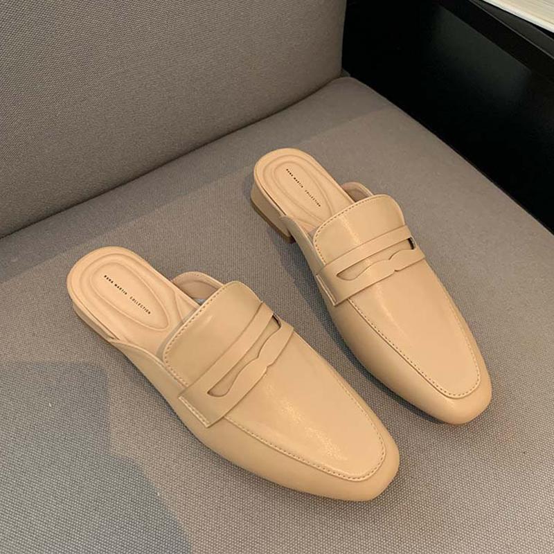 Mulheres de verão mulas deslizam em mocassins baixos fechados bico quadrado mocassins moda confortável couro pu sem costas mulas sapatos casuais slides