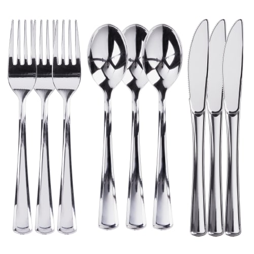 

300-Piece Plastic Silverware Set, Silver Plastic Cutlery Set, Disposable Silverware Set | 100 Plastic Forks, 100 Plastic Spoons, 100 Plastic Knives |