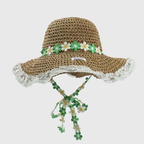 Straw Hat Wide Brim Embroidery Lace Splicing Beach Hat Embroidered Floral Adjustable Chin Strap Summer Sun Protection Hat