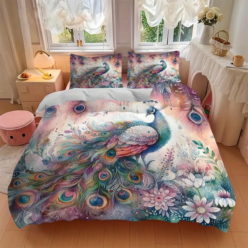 3pcs Peacock & Flowers Printed Quilt Set - Includes 1 Quilt Cover and