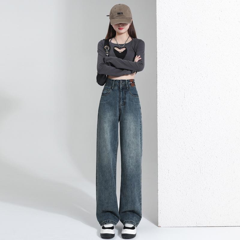 Women's High Waist Wide Leg Jeans Straight Denim Pants Fleece Lined Vintage Casual Women Denim Trousers Slimming Draped Pants