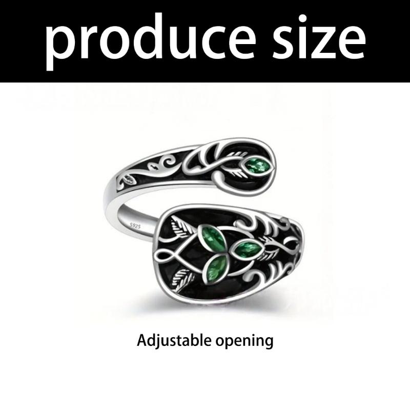 Retro Wzory Łyżeczek Regulowany Pierścionek z Liściem Zielony Kamień Biżuteria Inspirowana Naturą Regulowany Vintage Prezent Biżuteria Dla Niej