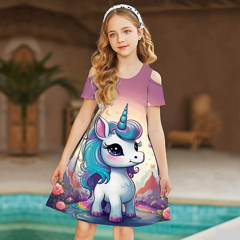 Girls Floral A Horned Horse Print Dresses Kids Girl Party Off Shoulder Dress Princess Dress Short Sleeved Dress Over Four Years Old