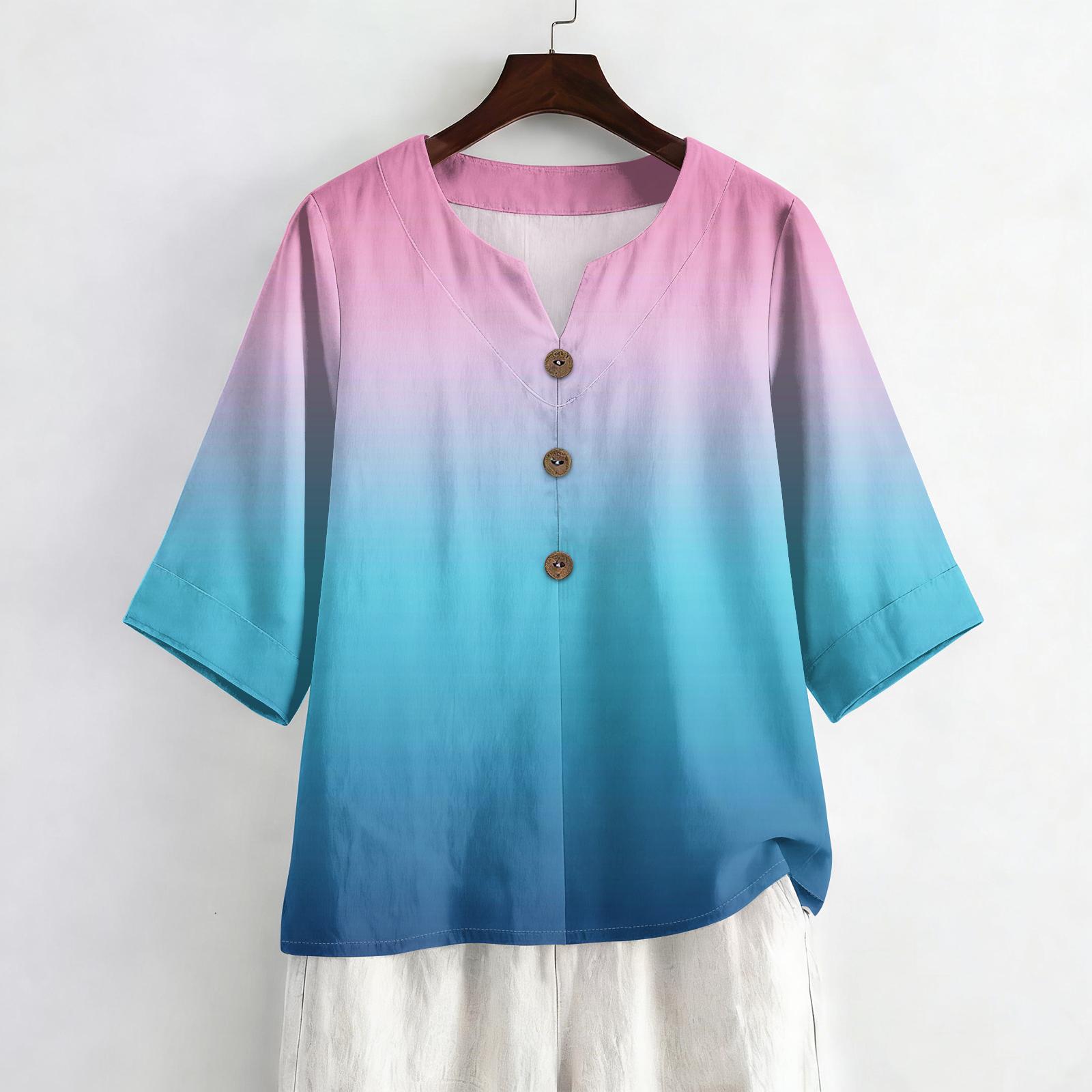 

Women s Summer Fashion V-Neck 3/4 Sleeve Shirt Casual Loose-Fit Gradient Print Top XL небо синє кольору