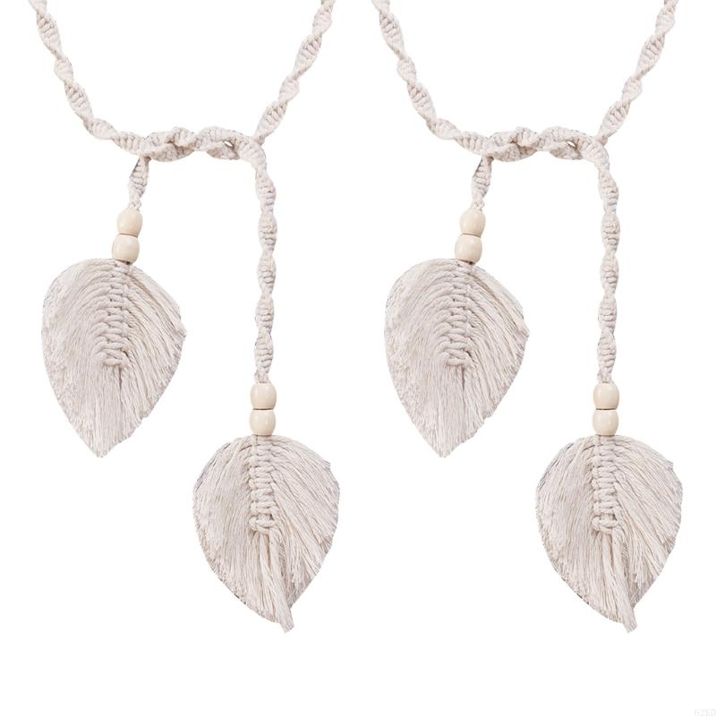 62KD 2Pcs Window Curtain Handknitted Tiebacks Bohemian Leaf Tassels Curtain Holdbacks with Wooden Beads for Drapes Tiebacks