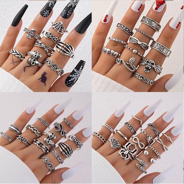 European and American punk dark butterfly skull cut-out face ring multi-piece set personality trend distressed ring set
