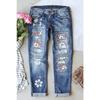 Women's Mid Rise Straight Leg Distressed Jeans Loose Fit Commuter Denim Pants Floral Patch Print Micro Stretch Vintage Washed Long Trousers For Autumn