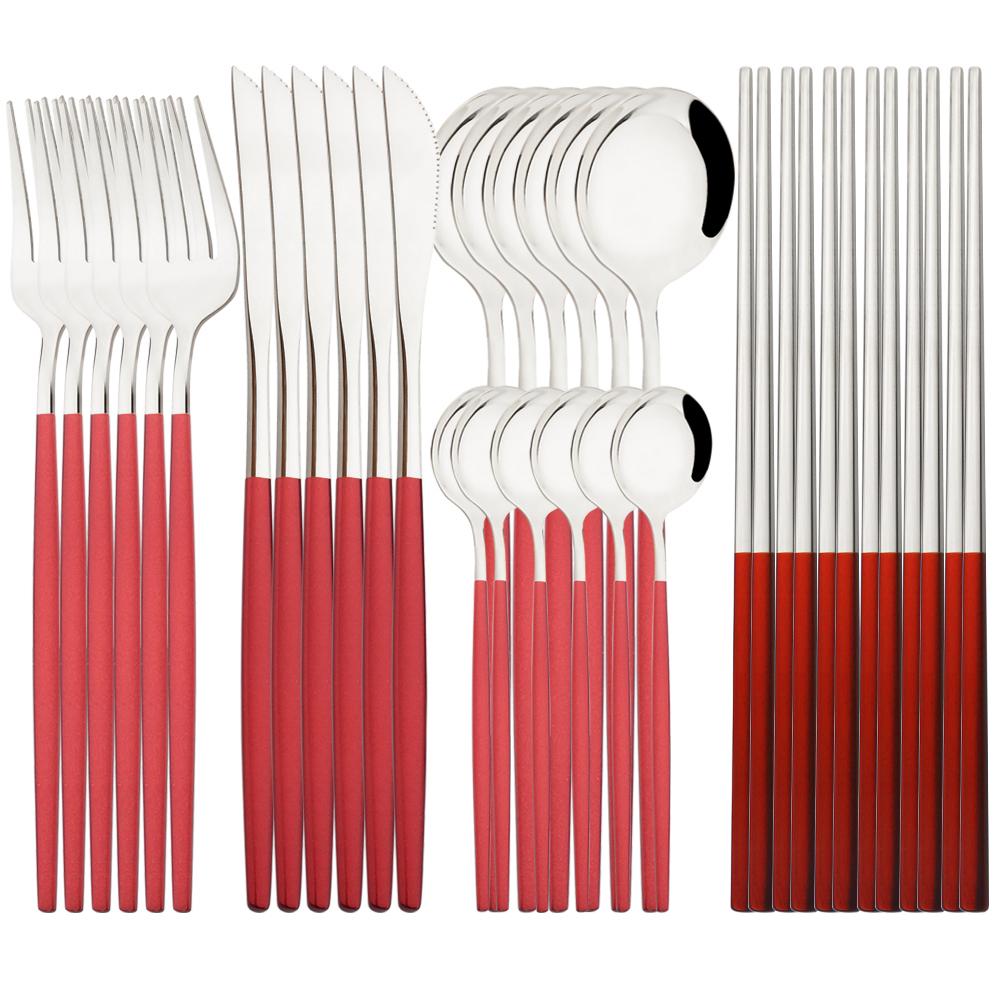 Jankng Western 30Pcs Dinnerware Knife Fork Spoons Chopsticks Cutlery Set High Quality Stainless Steel Set Kitchen Tableware Set