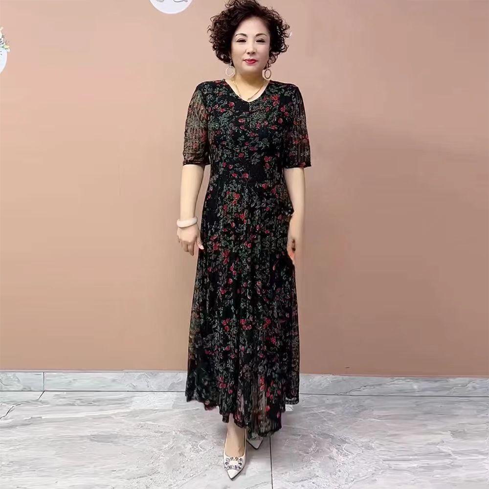 High-End Summer Women's Floral Dress   V-Neck Stretch Plus Size Dress   Slim Fit Long Dress