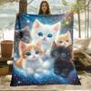 Cute Kittens In Galaxy Space Design Plush Soft Flannel Blanket for Kids and Cat Lovers Dreamy Starry Night Bedding Decoration
