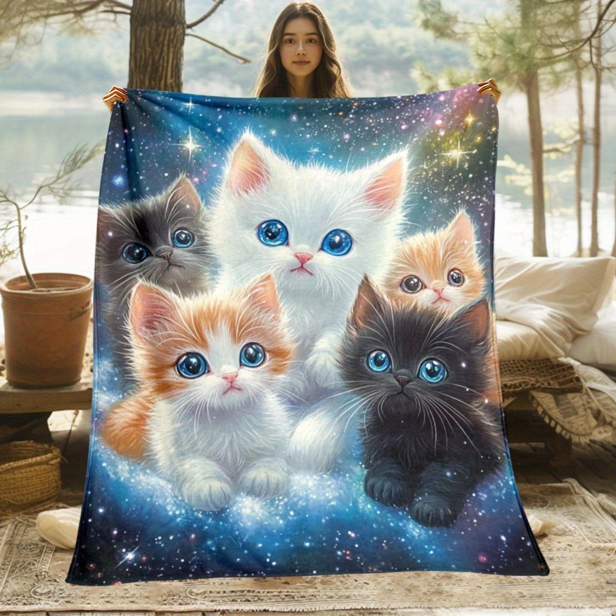 

Cute kittens in galaxy space design plush soft flannel blanket for kids and cat lovers dreamy starry night bedding decoration 130x150cm51x59in
