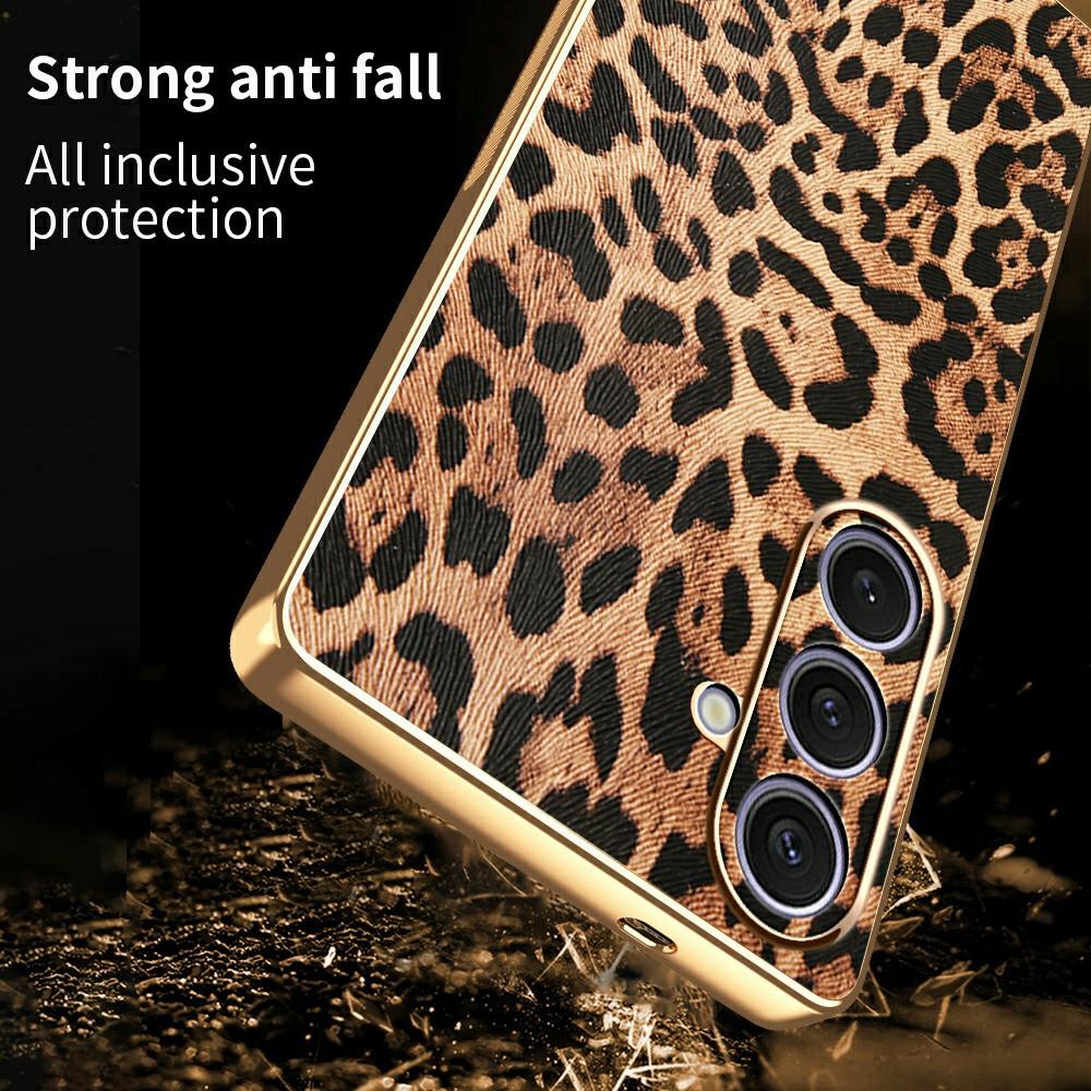 For Samsung Galaxy S24+ Case Leopard Print PU Leather Coated PC+TPU Electroplating Phone Cover