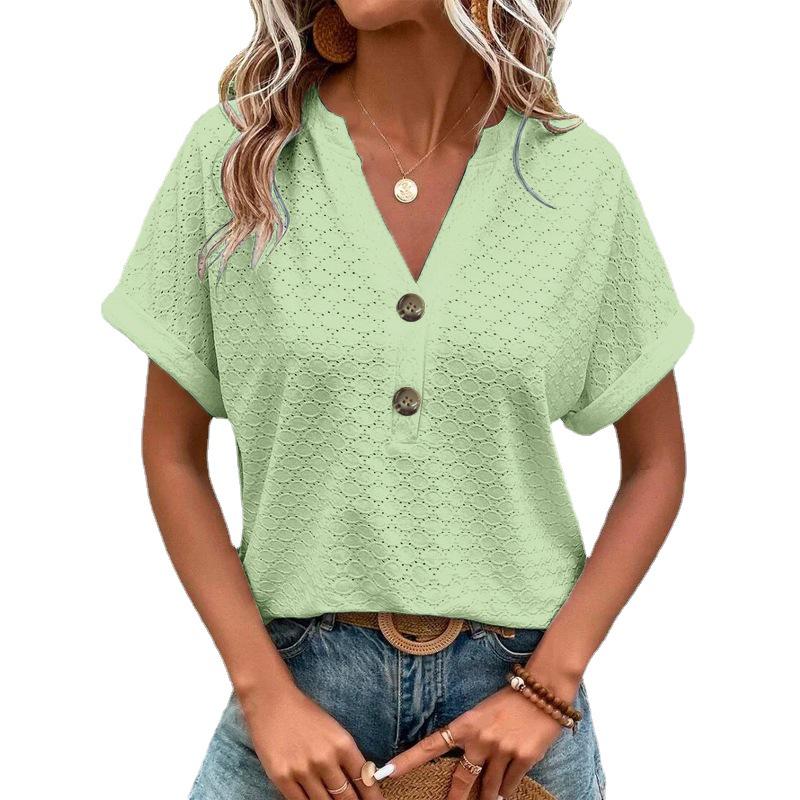 2026 Spring/Summer Women's Fashion Casual Solid V-Neck Button T-Shirt