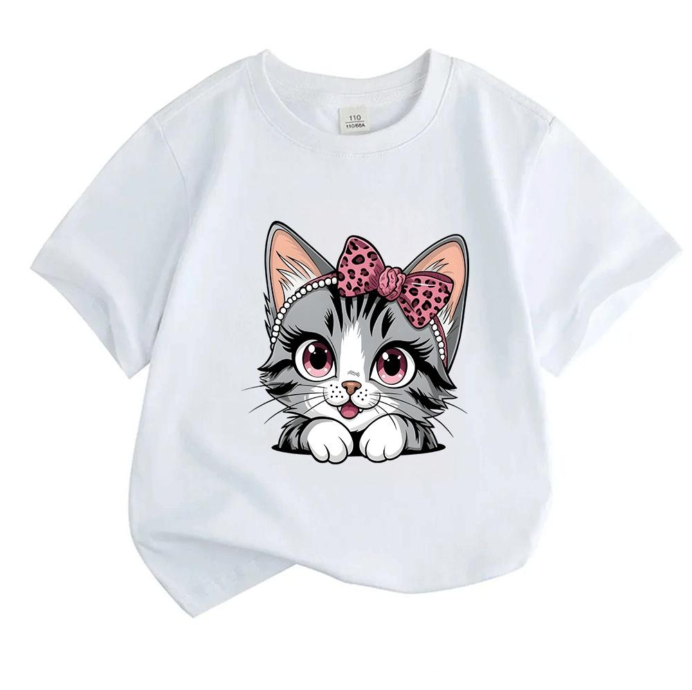 Kids Boys Girls 100% Cotton Short Sleeve Crew Neck T-Shirt, Cute Pink Bow Leopard Print Gray Tabby Cat Graphic Casual Soft Tee for Children Daily Wear