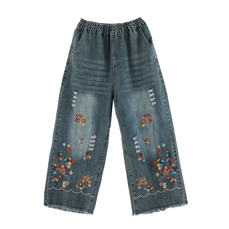 Women Jeans Denim Crop Harem Pants Embroidered Wide Leg Jeans