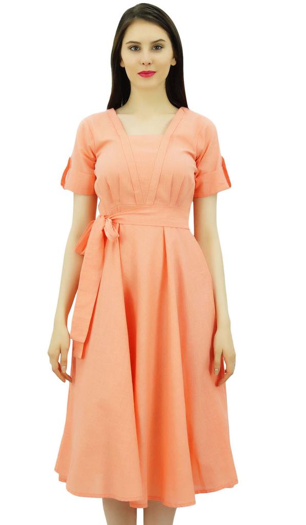 Bimba Damen Kurzarm Leinen Etuikleid Mit Gürtel Freizeitkleider