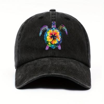 Vibrant Tropical Hibiscus Turtle Print Baseball Cap Distressed Casual Adjustable Sun Hat Unisex
