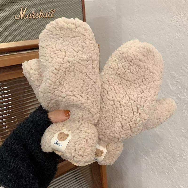 Warm Winter Plush Bear Mittens - Cute, Funny, Thickened Cold-Proof Gloves for Women & Students, Ideal for Outdoor Cycling