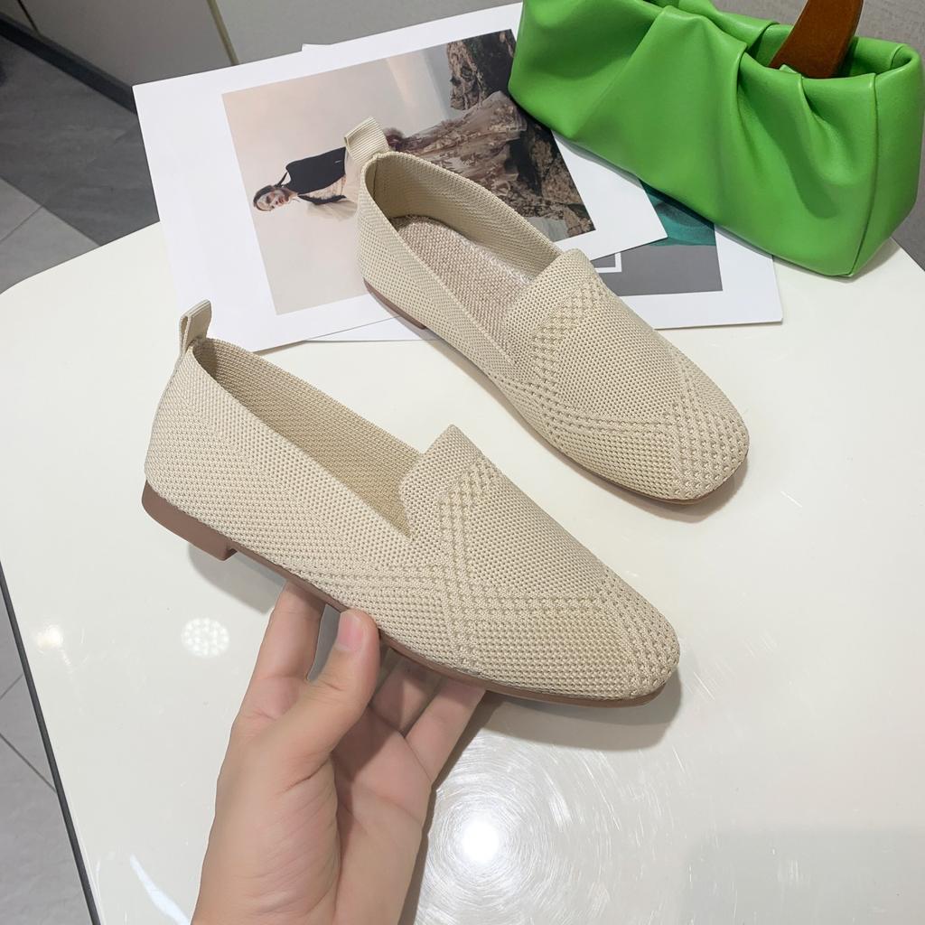 2024 Solid Color Square Toe Mesh Loafers Shallow Women Flats Shoes Soft Bottom Knit Ballet Flats Shoes Casual Slip On Boat Shoes