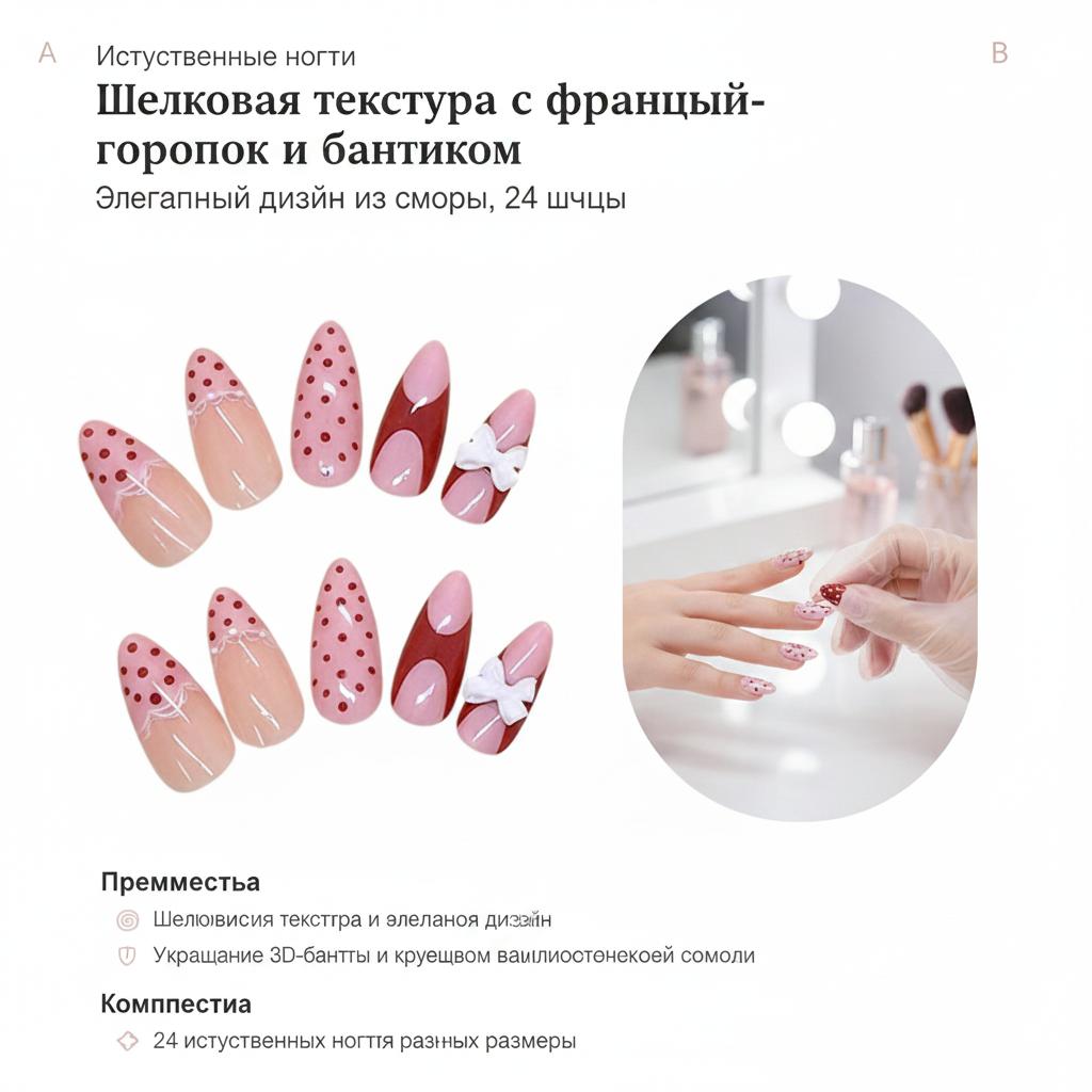 Silk Texture French Polka Dot-Bow Artificial Nails 24 Pieces Resin Elegant Design a розовый