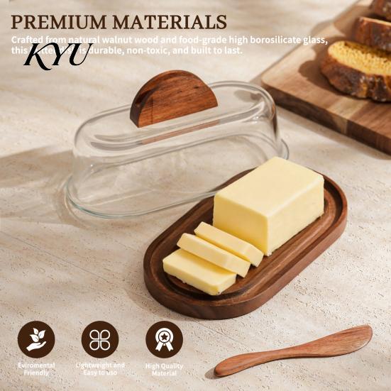 Kitchen Gadgets for Bread Spreading Wooden Butter Dish with Glass Lid And Knife, Holder Keeper Wood Base Countertop & Refrigerator, Tray, Container,