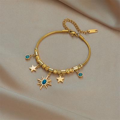 Gouden Boho Enkelbandje met Ster Zon Bedeltjes, Turkoois Edelstenen Fijne Voetketting voor Vrouwen Zomer Strand Sieraden