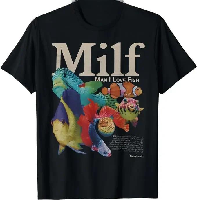 

Short Sleeved Round Neck Y2k Tshirt Men Clothing New in Top & Tees Mens T-Shirt MILF I Love Fish Fishing Lover Graphic 70374 4XL