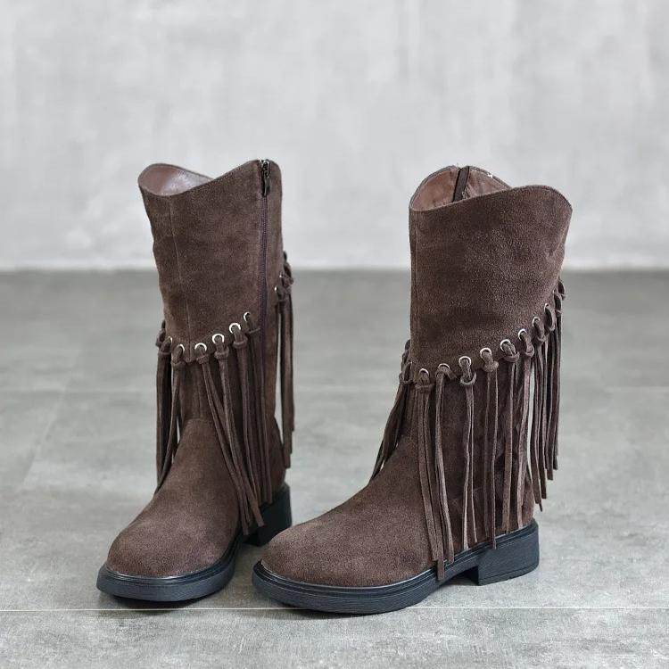 Johnature Retro Echtleder Mid-Calf Stiefel Modische Vielseitige Mittel Absatz Damen Quastenstiefel