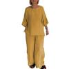 2 Pcs/Set Women Shirt Pants Set Color O Quarter Neck Three Solid Sleeve Top Wide Leg Elastic Waist Loose