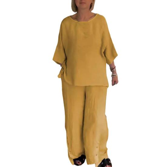 2 Pcs/Set Women Shirt Pants Set Color O Quarter Neck Three Solid Sleeve Top Wide Leg Elastic Waist Loose