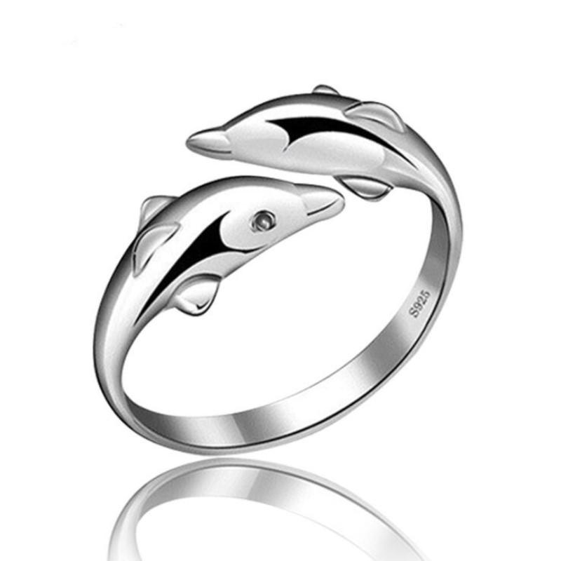 

New Popular Exquisite Animal 925 Sterling Silver Jewelry Creative Double Dolphin Hypoallergenic Female Opening Rings R289 серебряный