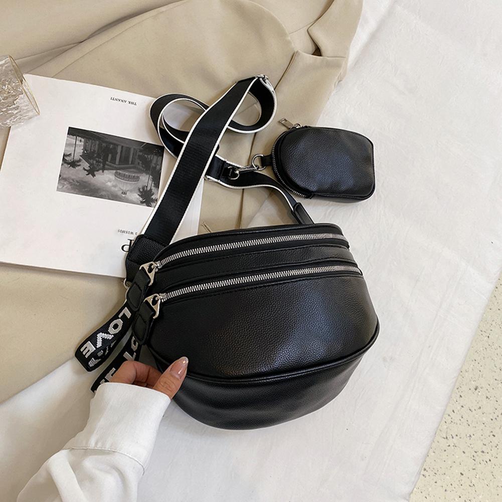 Women Retro Chest Bag Multi Pocket Shoulder Bag PU Leather French Crossbody Bag Vintage Wide Strap Ladies Belt Bag Solid Satchel