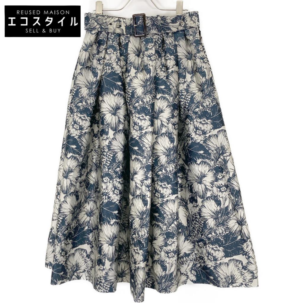 OSLOW [4802-090-221A] Botanical pattern flare skirt M Navy / SilverUsed