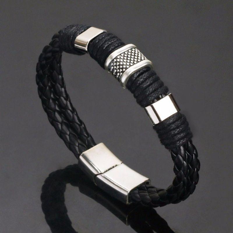 Vintage Brown Leather Bracelets For Men Husband Stainless Steel Multilayer Braided Rope Bangle Wrist Jewelry Gift Pulsera Hombre