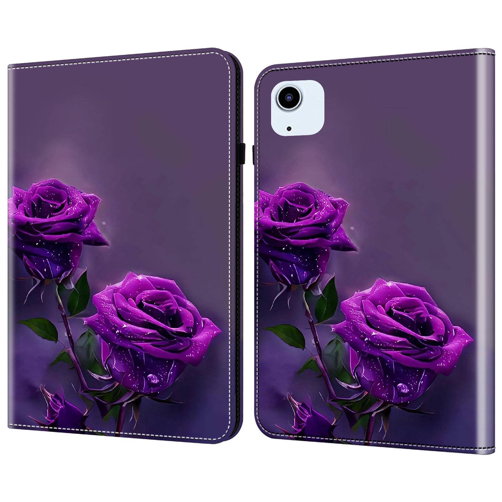 

For iPad Air 11 (2025)/(2024)/Air (2020)/(2022) Leather Case Shockproof Tablet Cover with Stand,Pattern Print Purple Rose
