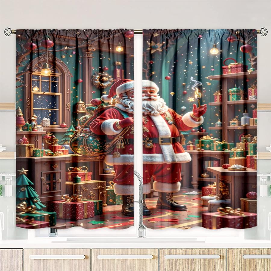 2PCS- Christmas Santa Claus Christmas Tree Pattern Printed Curtains   Christmas Decorations   Home Decorations   Room Decorations