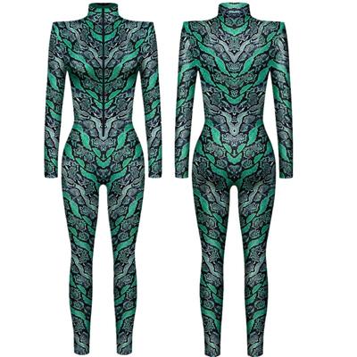 Animal Scales Peacock Feather Snake Skin Interesting Punk Gothic Women Sexy Halloween Slim Jumpsuit Cosplay Costume Bodysuit