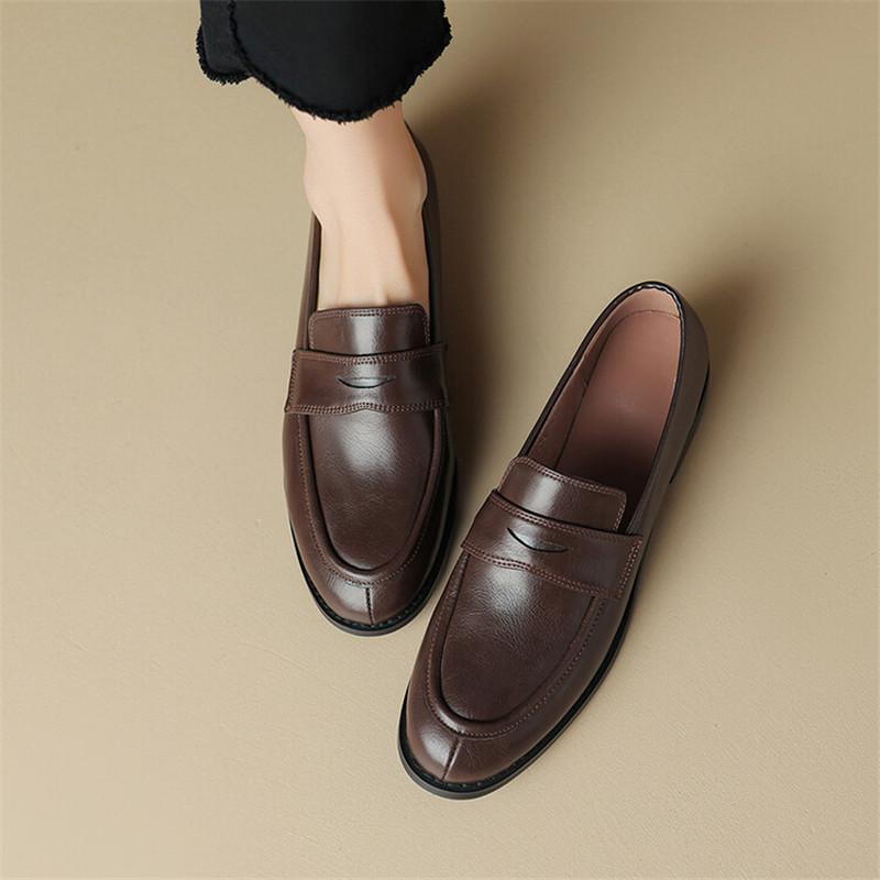 Fashion New Spring Split Leather Loafers Woman Shoes Chunky Heel Round Toe Shoes for Women Ladies Shoes Casual Low Heel Women Pumps