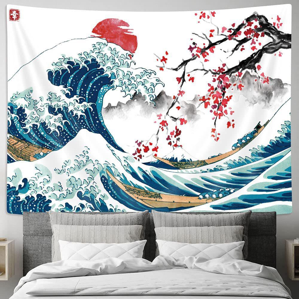 Japanese Wave and Cherry Blossom Wall Tapestry Traditional Art Print Blue Ocean and Red Flowers Design Boho Home Decor Fashion
